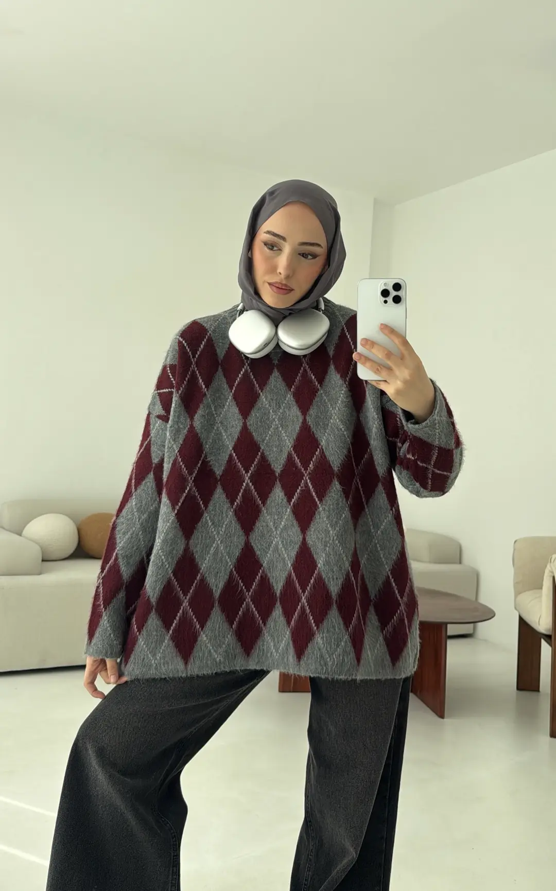 Premium Desenli Kalın Kazak Gri/Bordo - Görsel 6