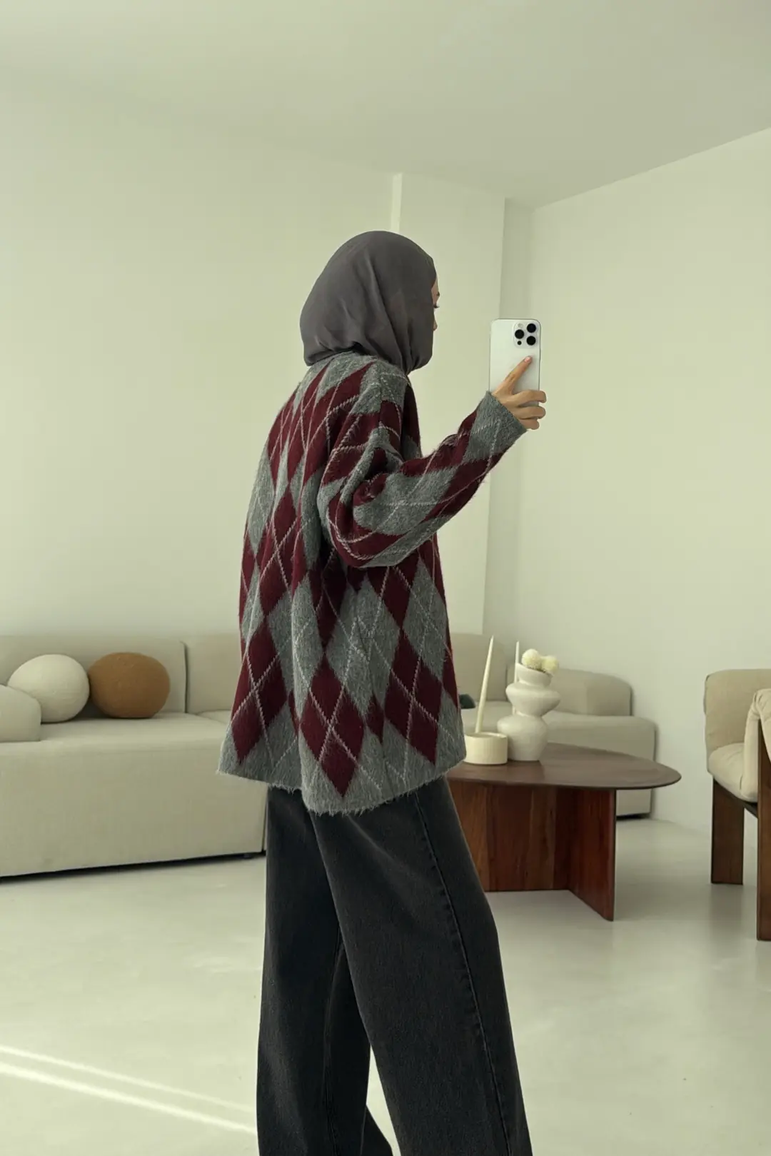 Premium Desenli Kalın Kazak Gri/Bordo - Görsel 7