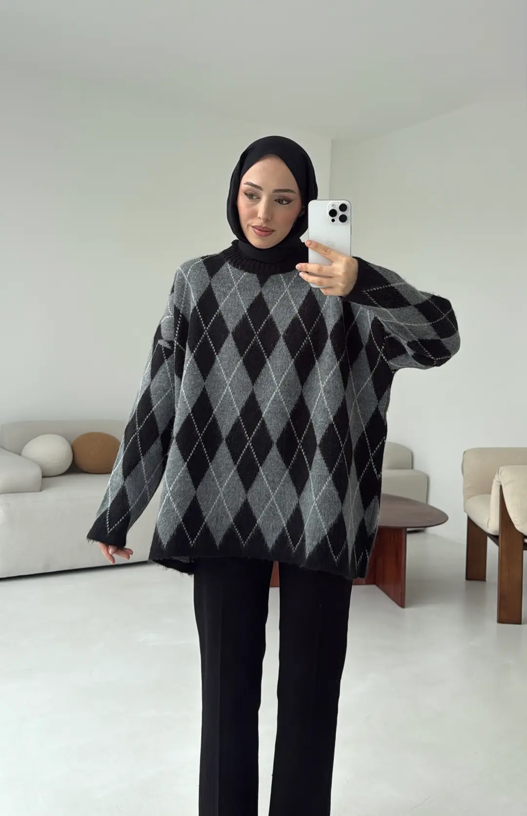 Premium Desenli Kalın Kazak Gri/Siyah - Görsel 6