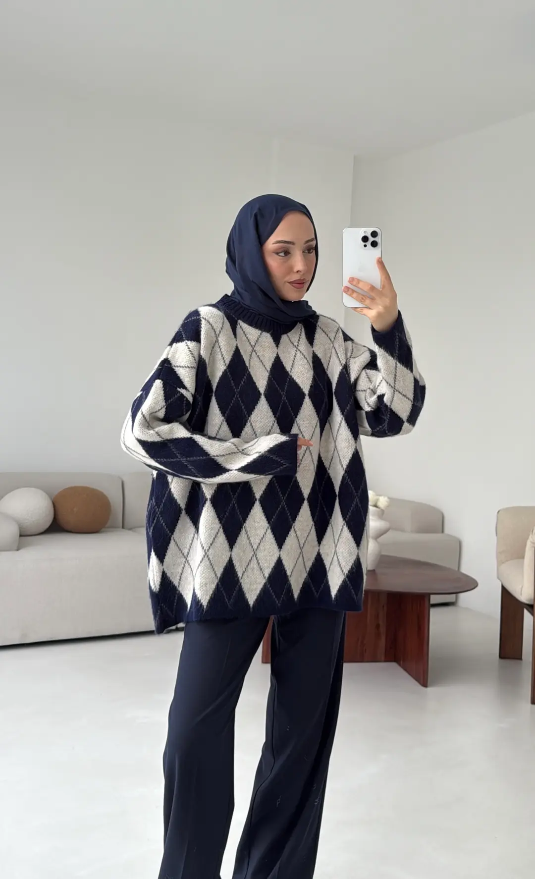 Premium Desenli Kalın Kazak Krem/Lacivert - Görsel 10