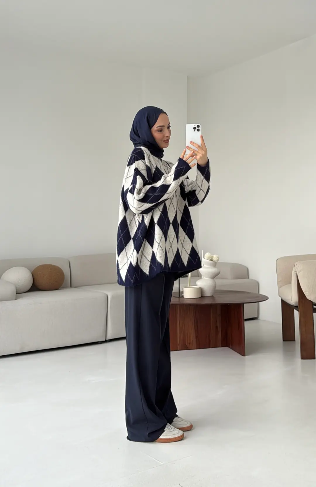 Premium Desenli Kalın Kazak Krem/Lacivert - Görsel 5