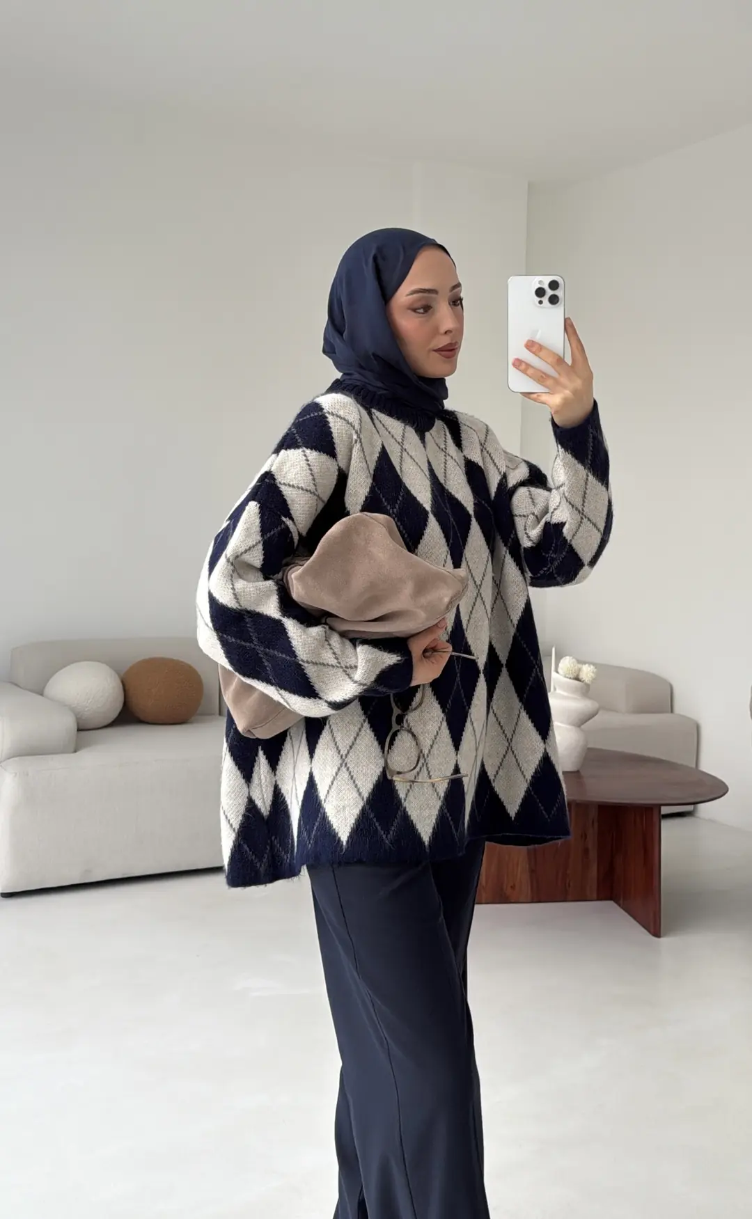 Premium Desenli Kalın Kazak Krem/Lacivert - Görsel 6