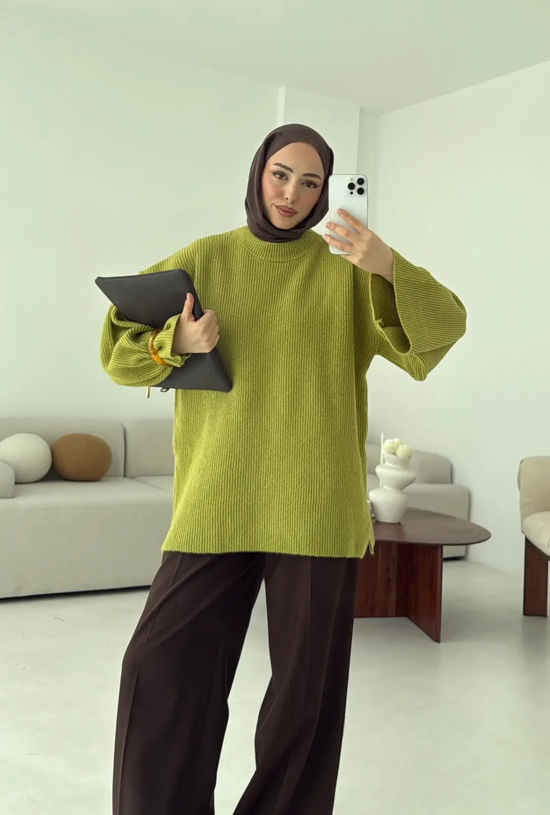 Premium Kalın Fitilli Kazak Olive - Görsel 6