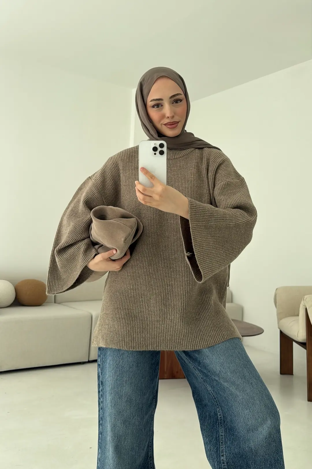 Premium Kalın Fitilli Kazak Vizon