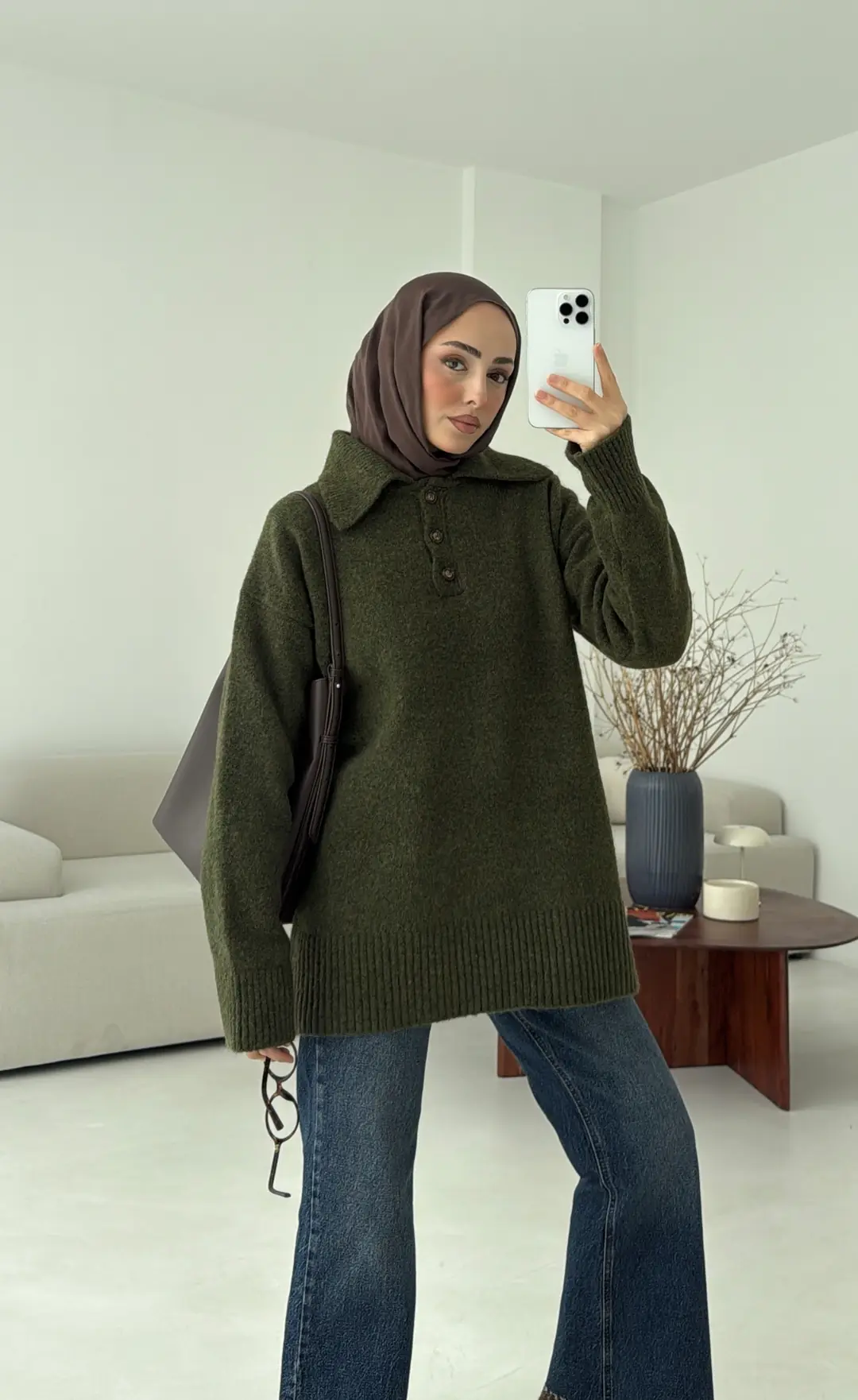 Premium Kalın Yakalı Kazak Haki