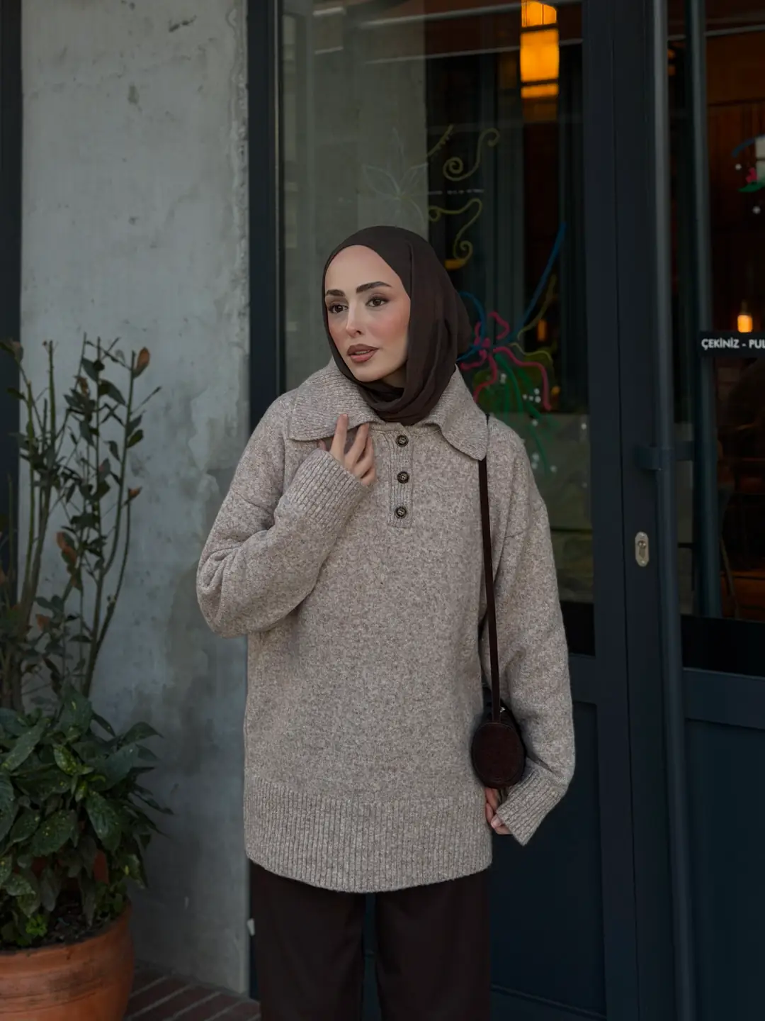 Premium Kalın Yakalı Kazak Vizon