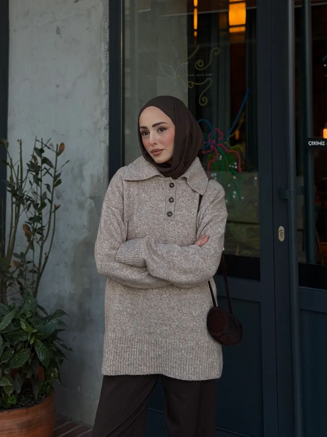 Premium Kalın Yakalı Kazak Vizon - Görsel 3