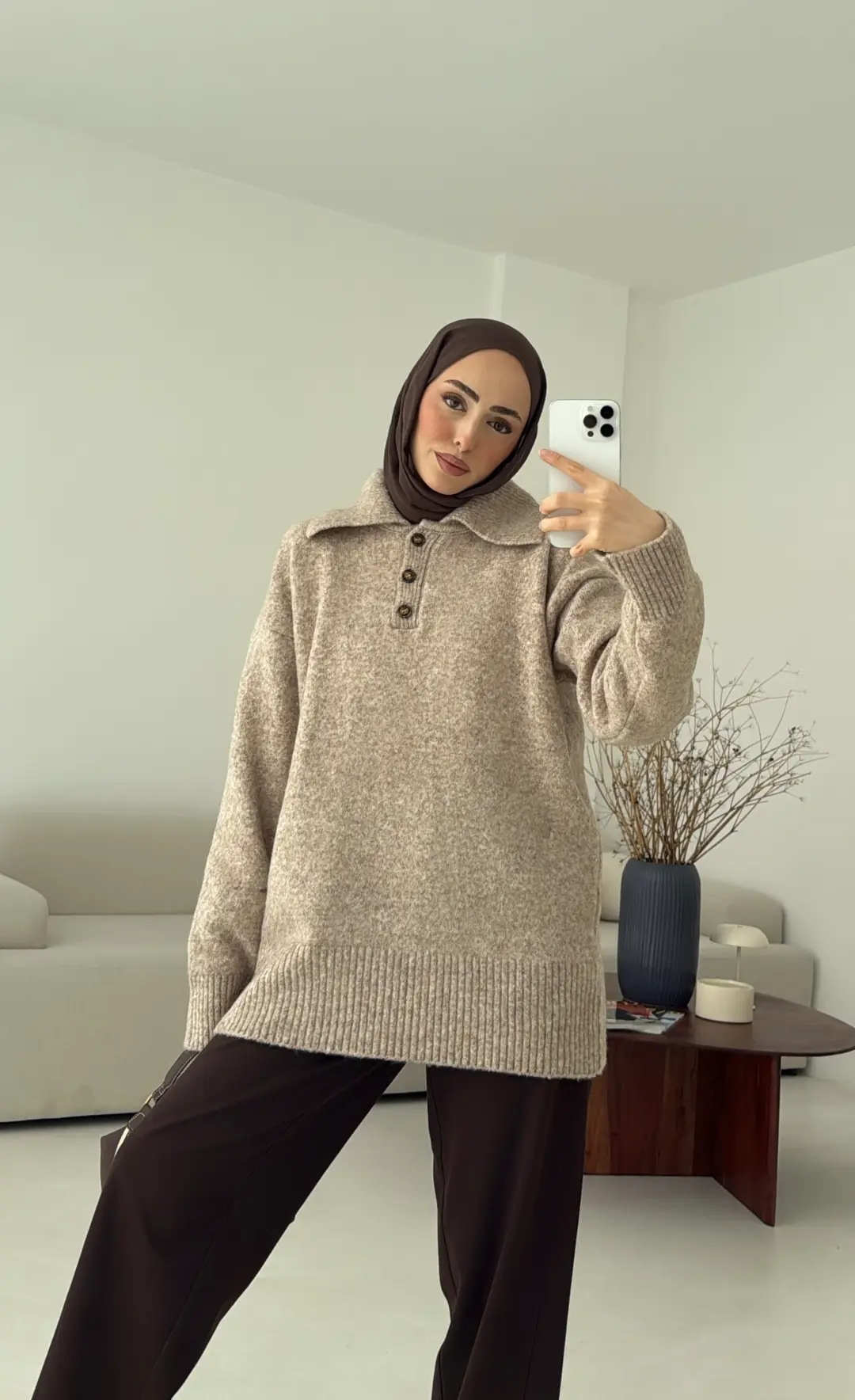 Premium Kalın Yakalı Kazak Vizon - Görsel 6