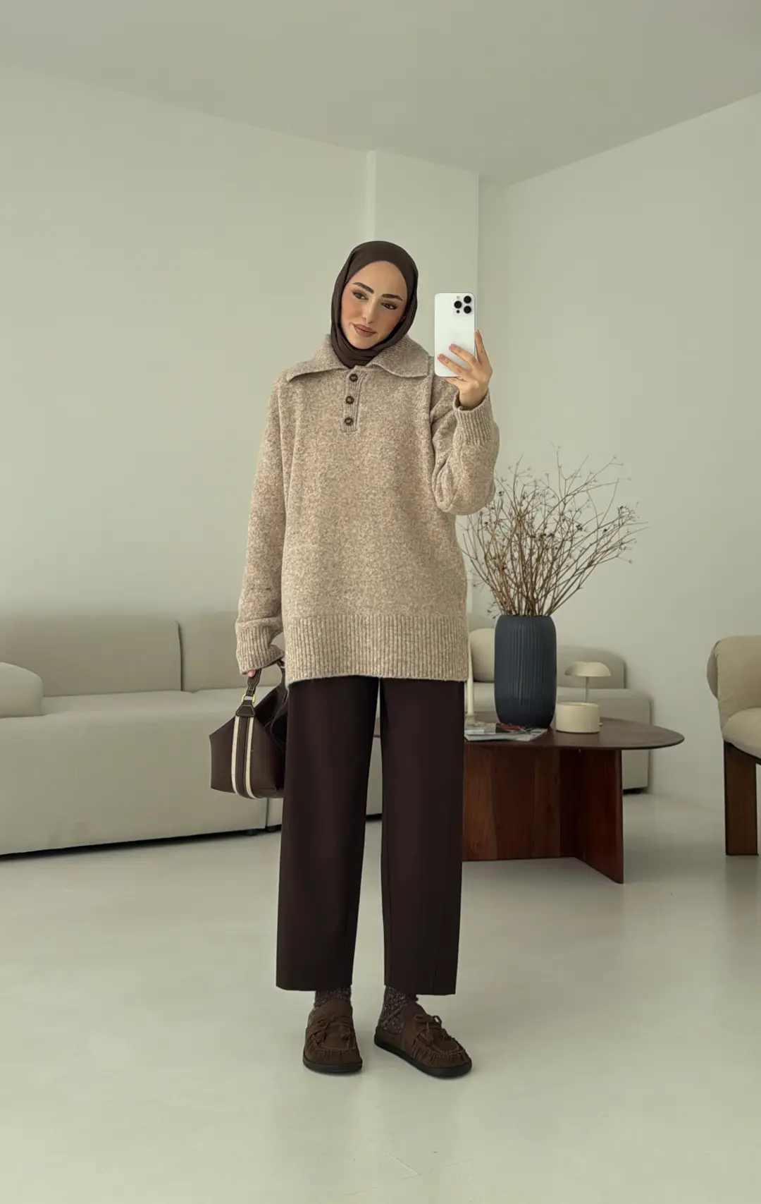 Premium Kalın Yakalı Kazak Vizon - Görsel 9