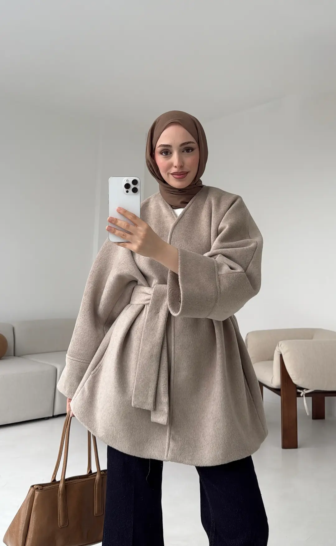 Premium Kuşaklı Kaşe Kaban Bej