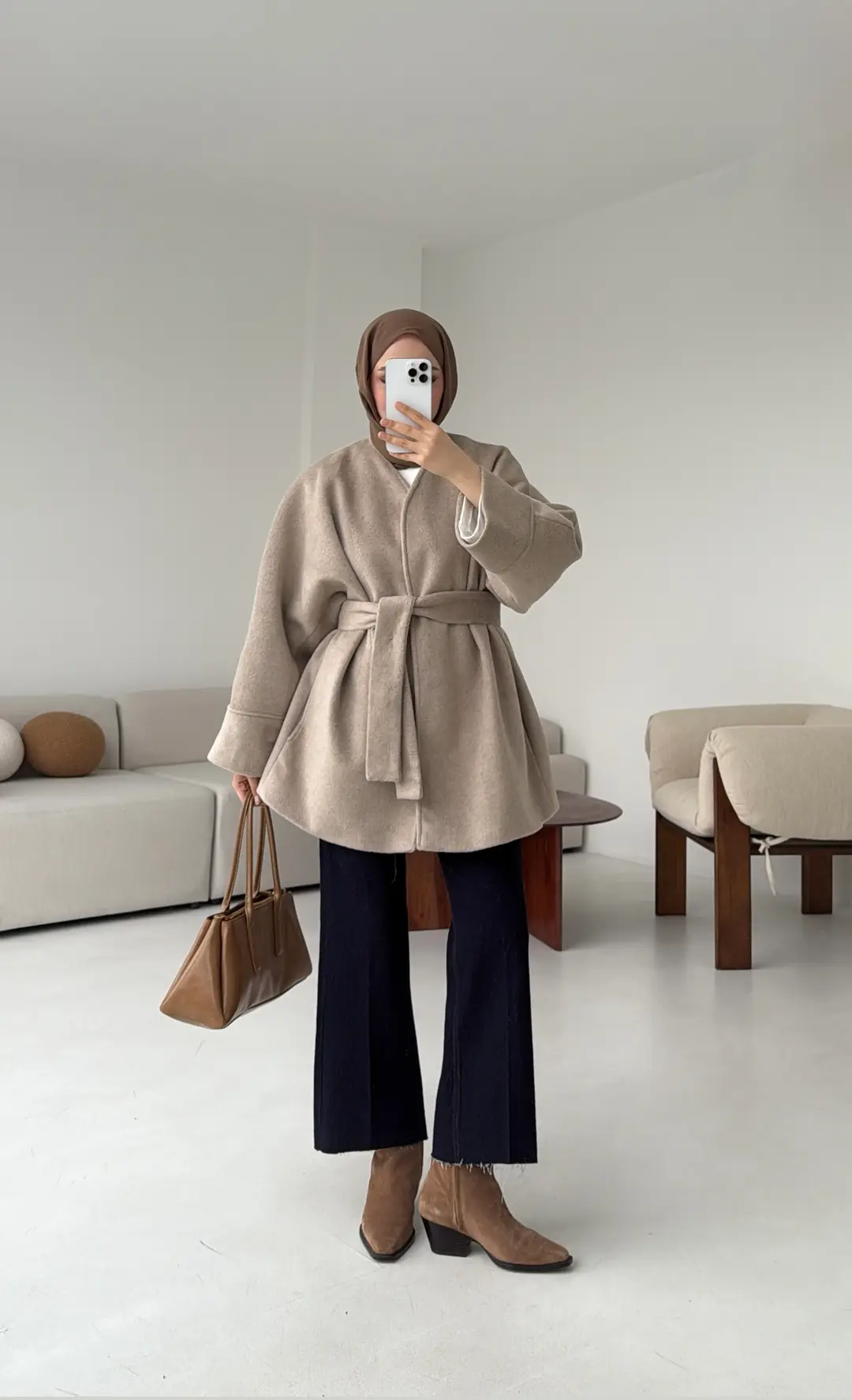 Premium Kuşaklı Kaşe Kaban Bej - Görsel 4