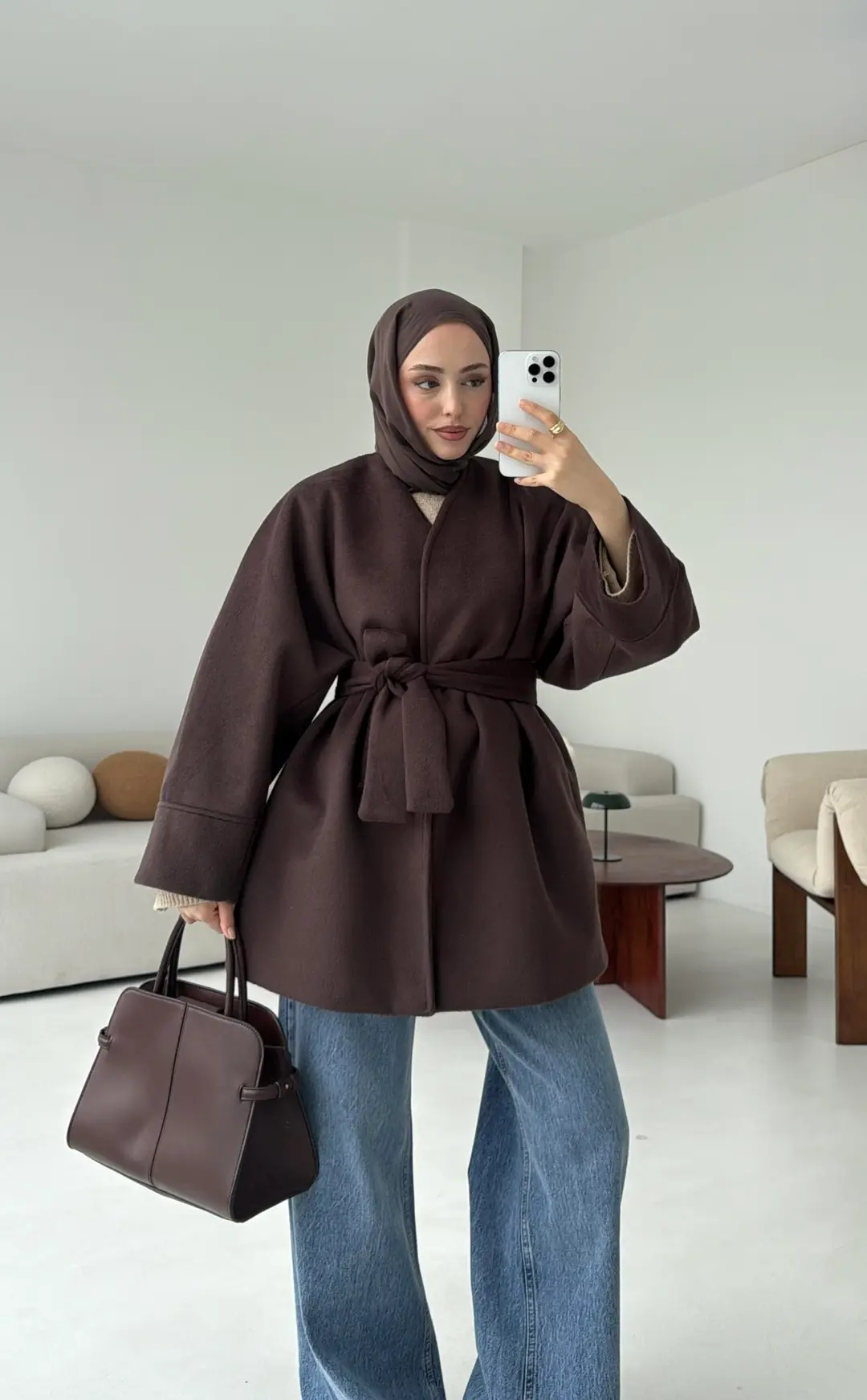 Premium Kuşaklı Kaşe Kaban Kahve - Görsel 2