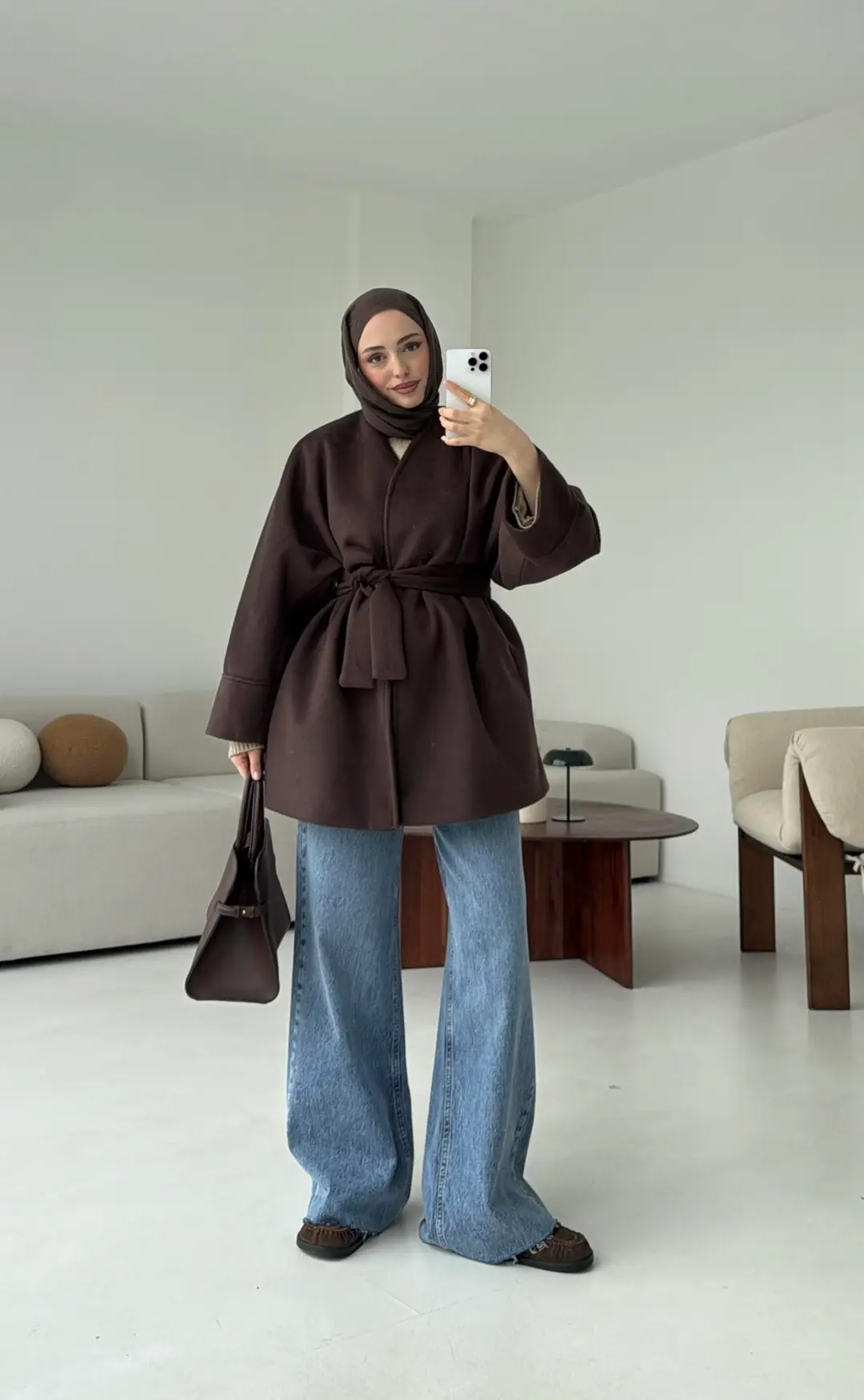 Premium Kuşaklı Kaşe Kaban Kahve - Görsel 4