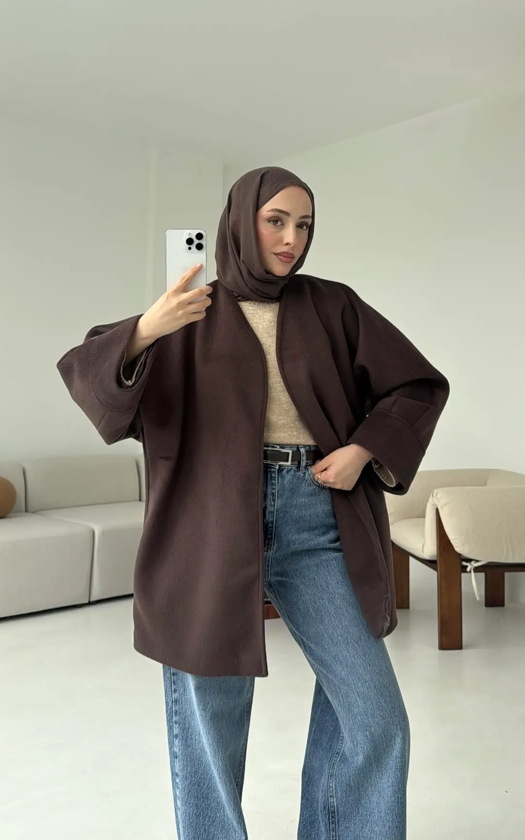 Premium Kuşaklı Kaşe Kaban Kahve - Görsel 5