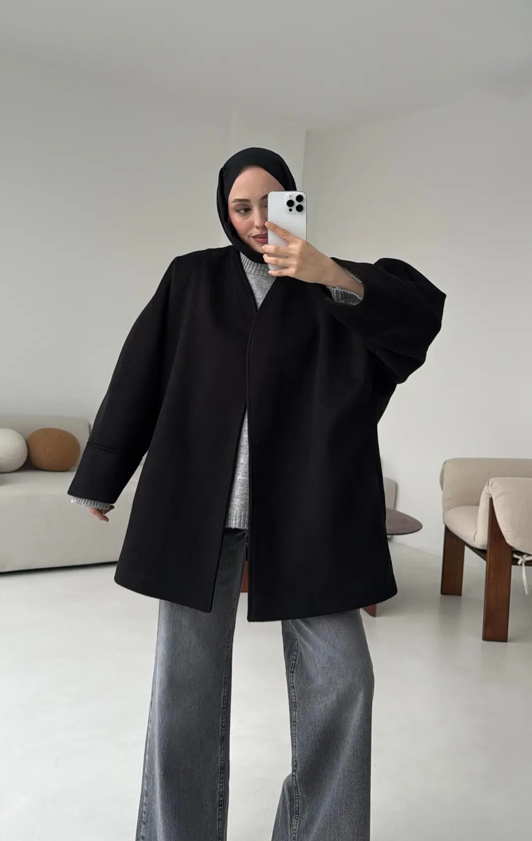 Premium Kuşaklı Kaşe Kaban Siyah - Görsel 4