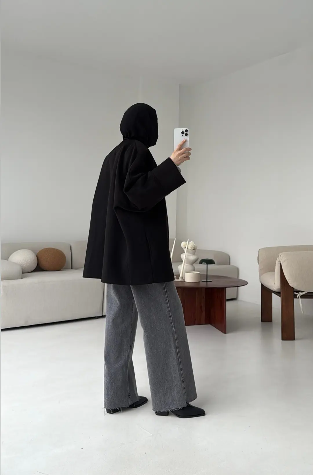 Premium Kuşaklı Kaşe Kaban Siyah - Görsel 6