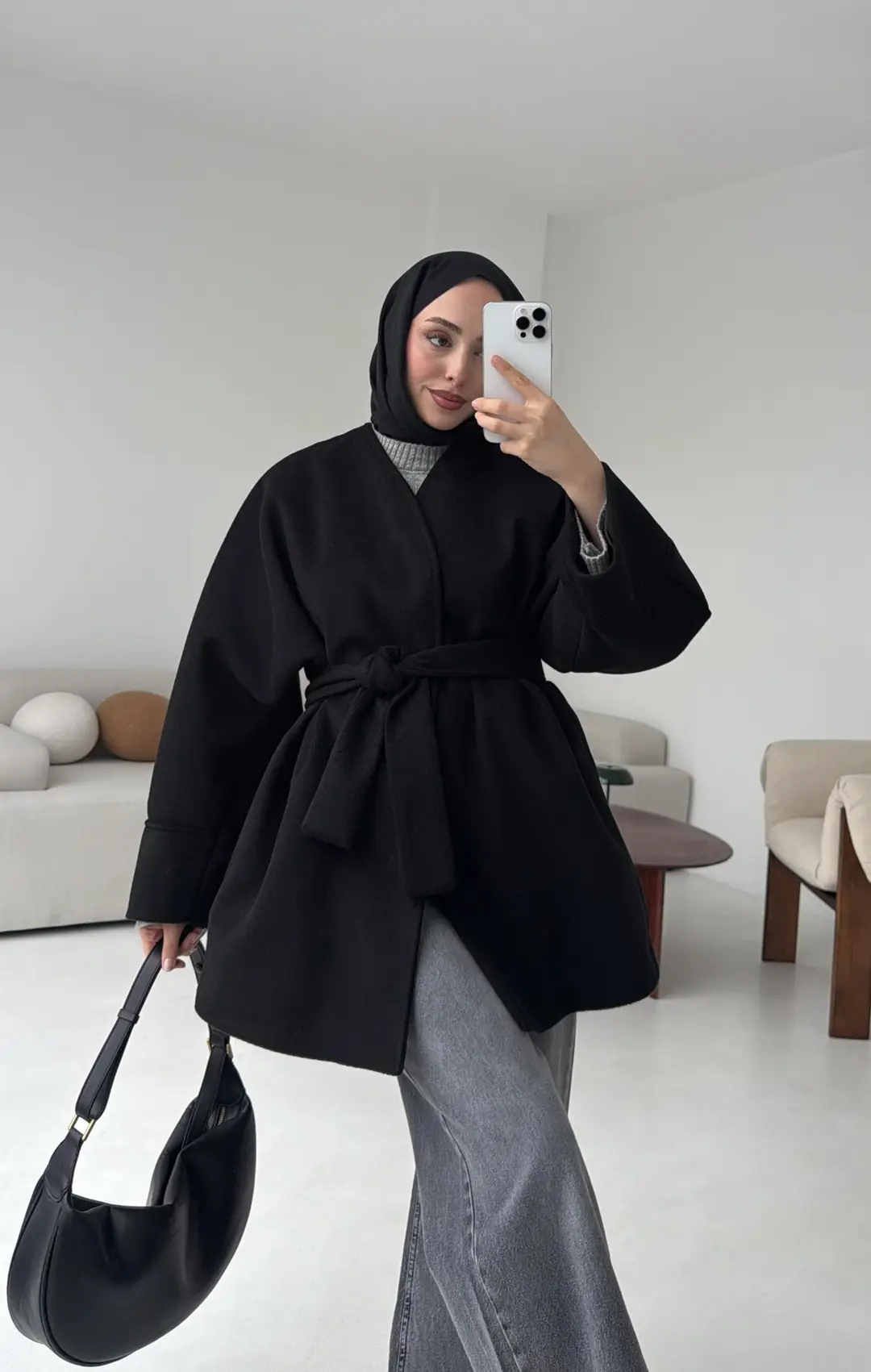 Premium Kuşaklı Kaşe Kaban Siyah - Görsel 8