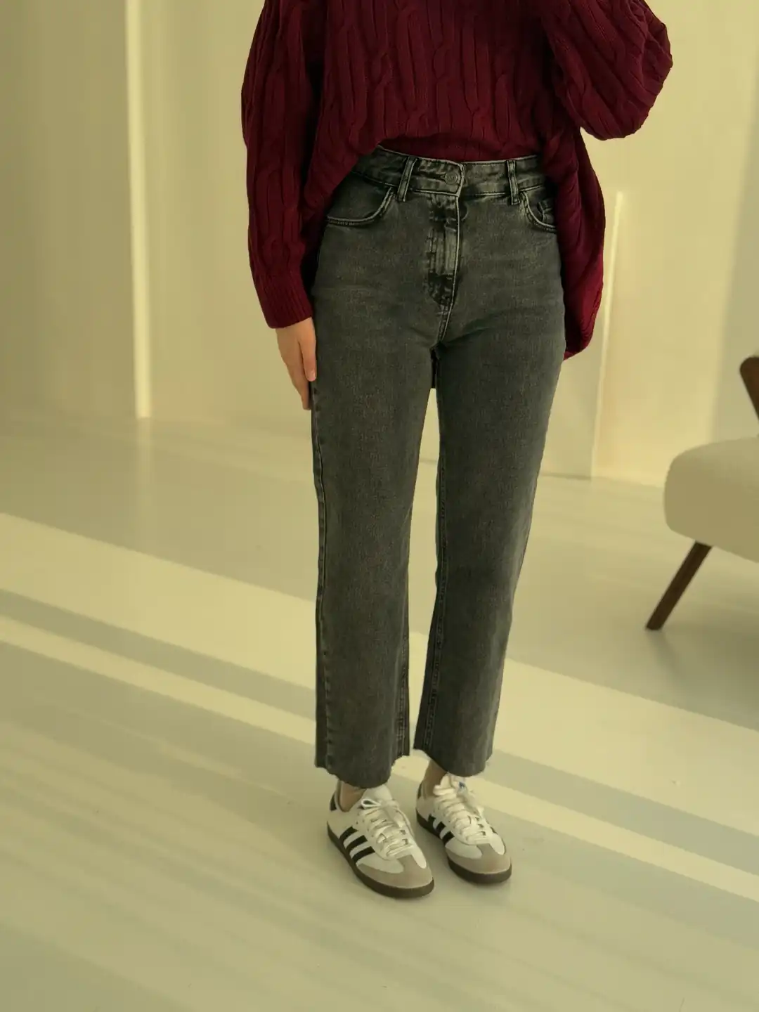 Premium Paçası Kesik Jean Gri