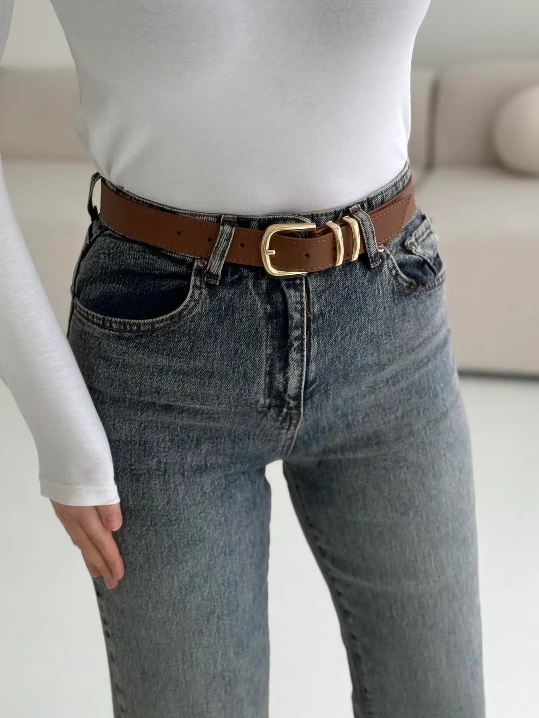 Premium Paçası Kesik Jean Kahve Kemerli 061