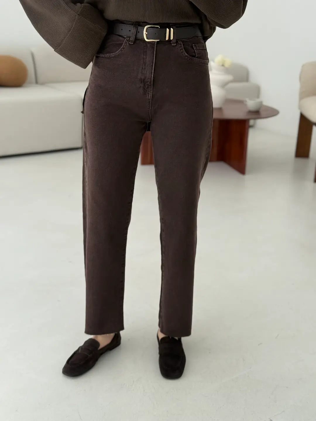 Premium Paçası Kesik Jean Kemerli Kahve