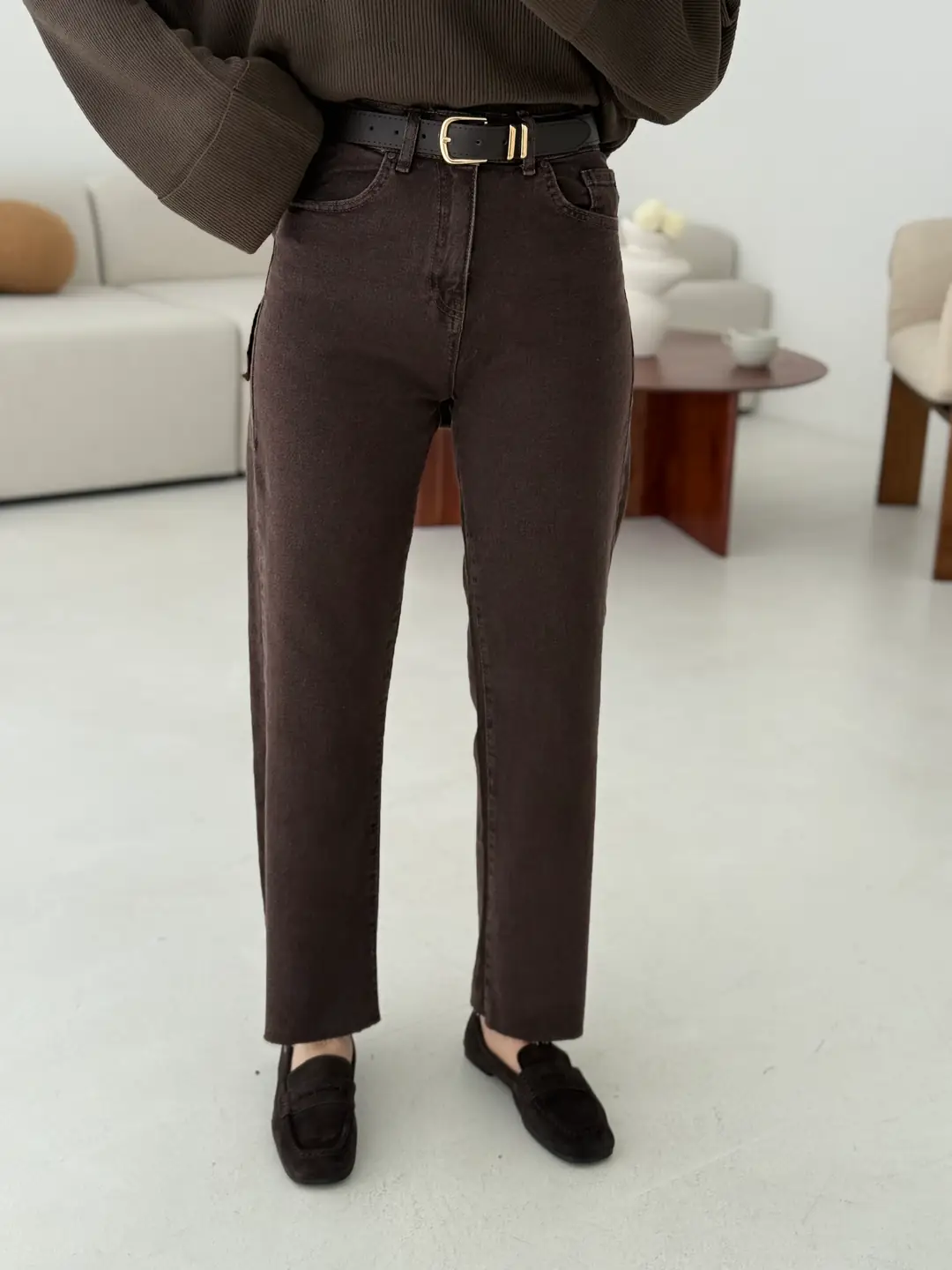 Premium Paçası Kesik Jean Kemerli Kahve - Görsel 2