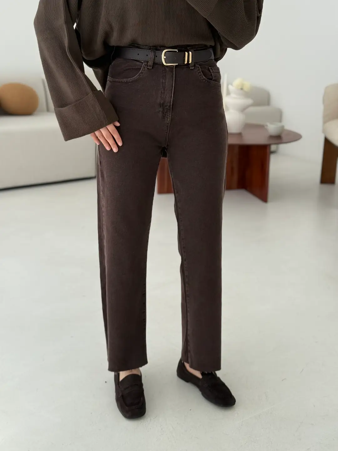 Premium Paçası Kesik Jean Kemerli Kahve - Görsel 3