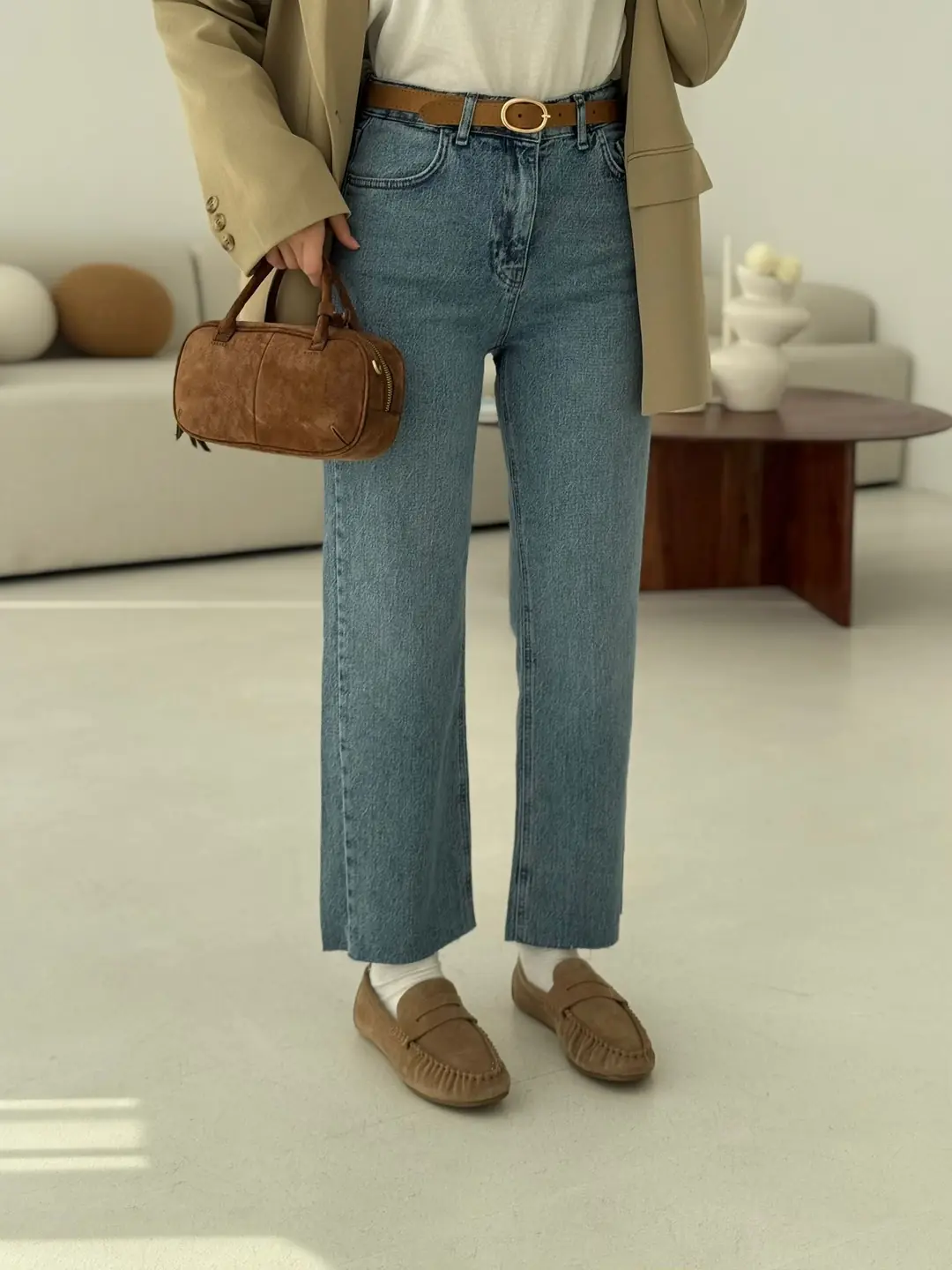 Premium Paçası Kesik Jean Taba Kemerli