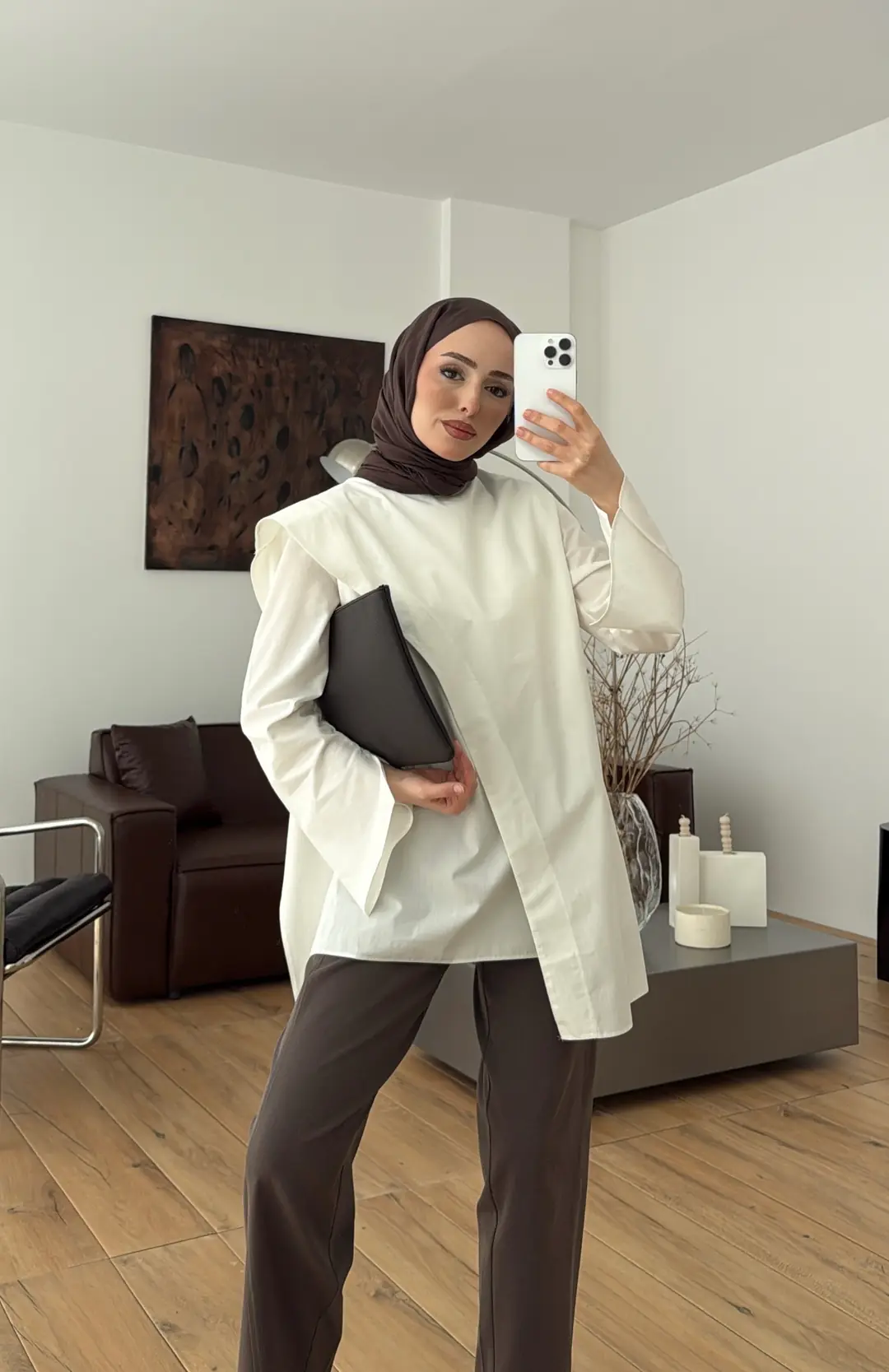 Premium Şal Detaylı Gömlek Beyaz - Görsel 7