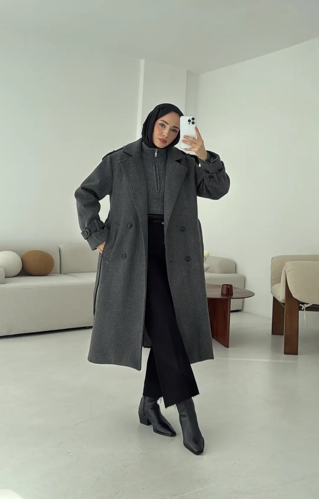 Premium Uzun Kaşe Kaban Antrasit - Görsel 3