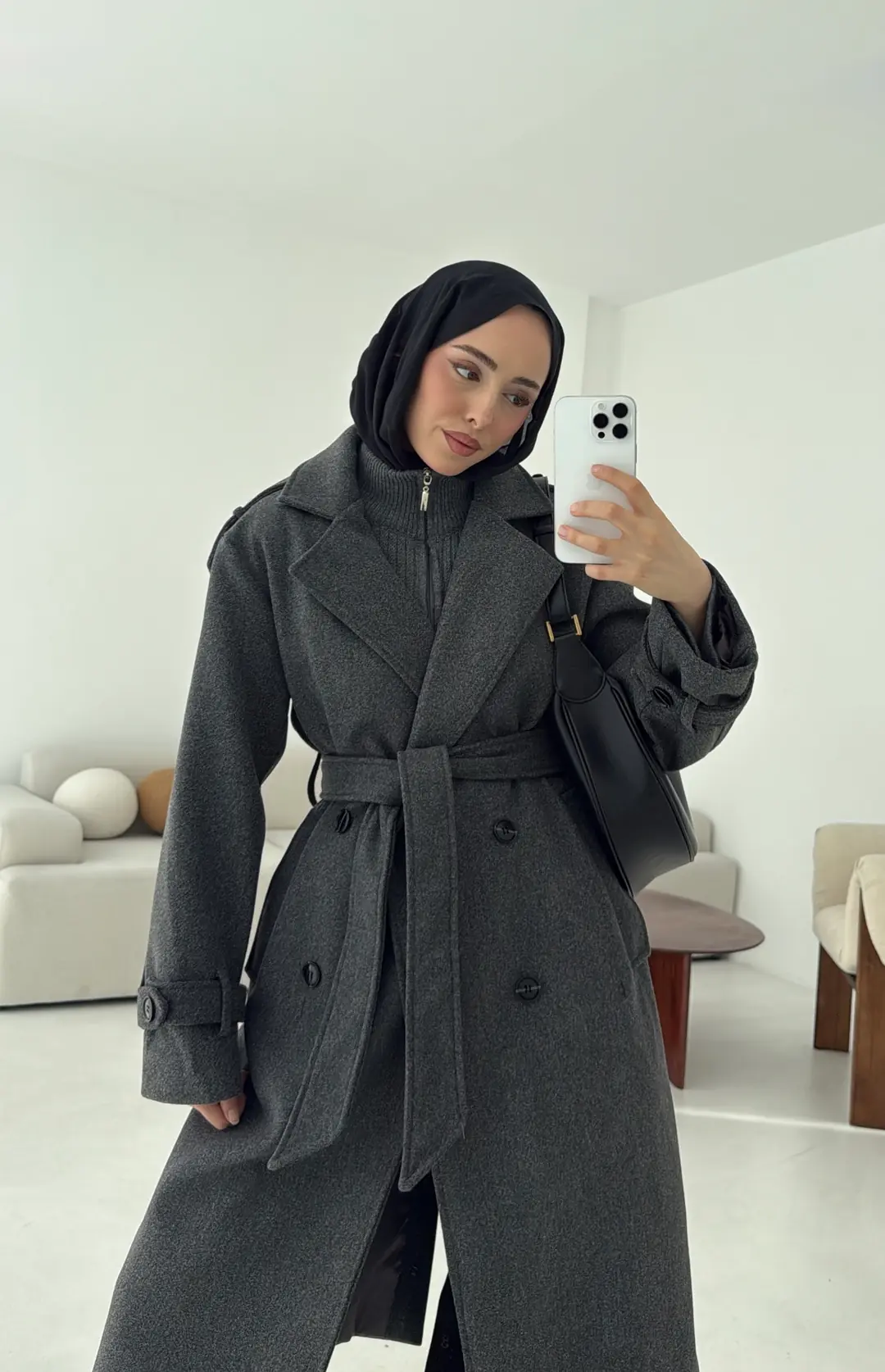 Premium Uzun Kaşe Kaban Antrasit - Görsel 4