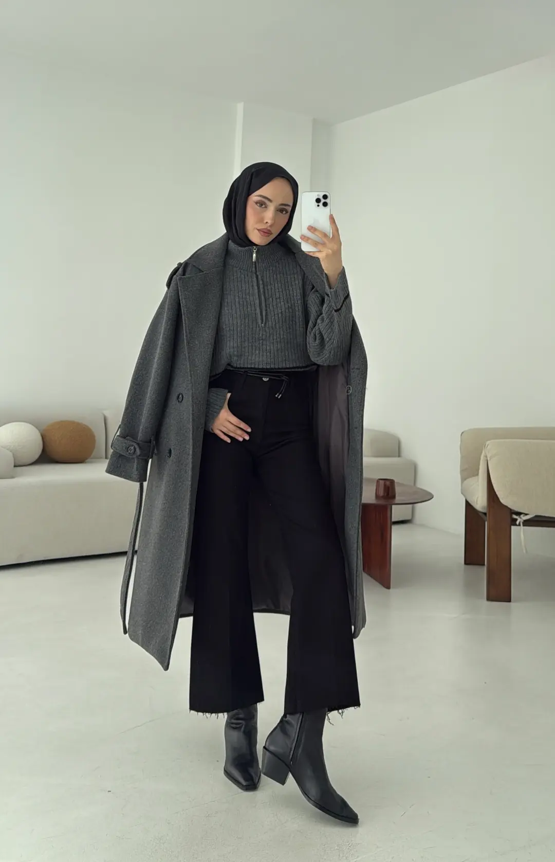 Premium Uzun Kaşe Kaban Antrasit - Görsel 7