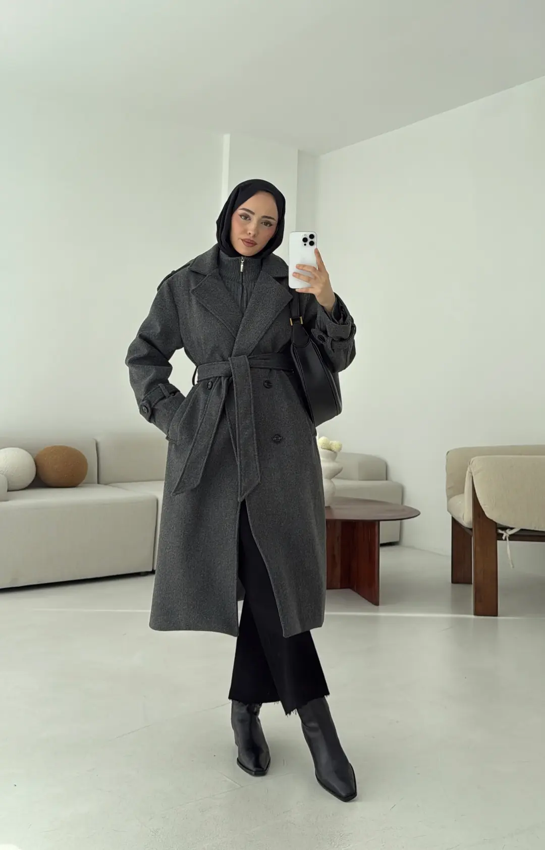 Premium Uzun Kaşe Kaban Antrasit - Görsel 8