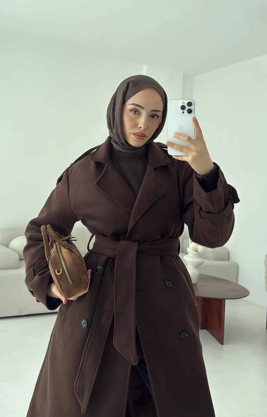 Premium Uzun Kaşe Kaban Kahve - Görsel 10