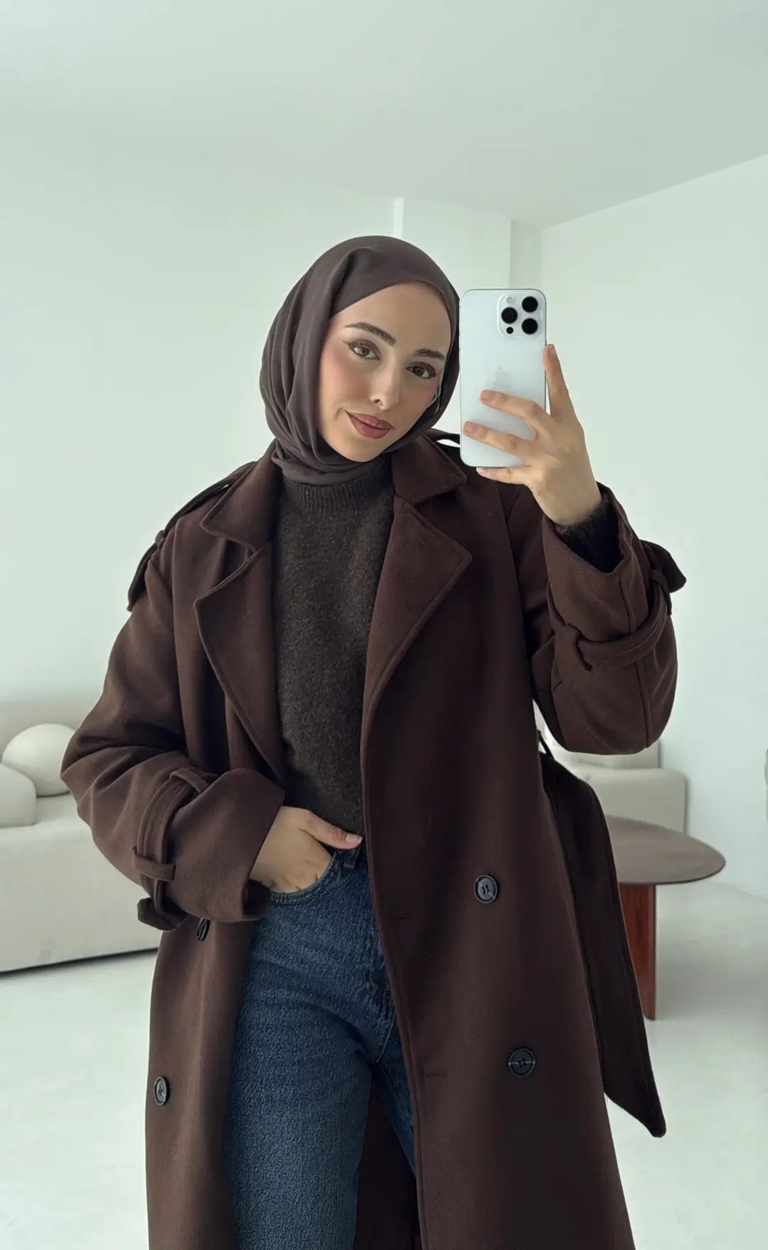 Premium Uzun Kaşe Kaban Kahve - Görsel 3