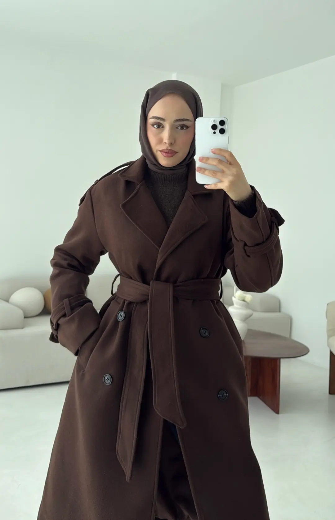 Premium Uzun Kaşe Kaban Kahve - Görsel 4