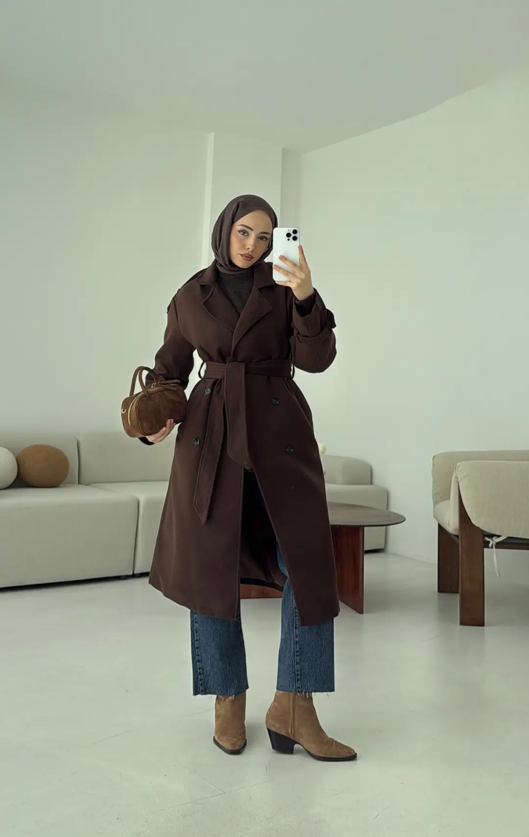 Premium Uzun Kaşe Kaban Kahve - Görsel 5