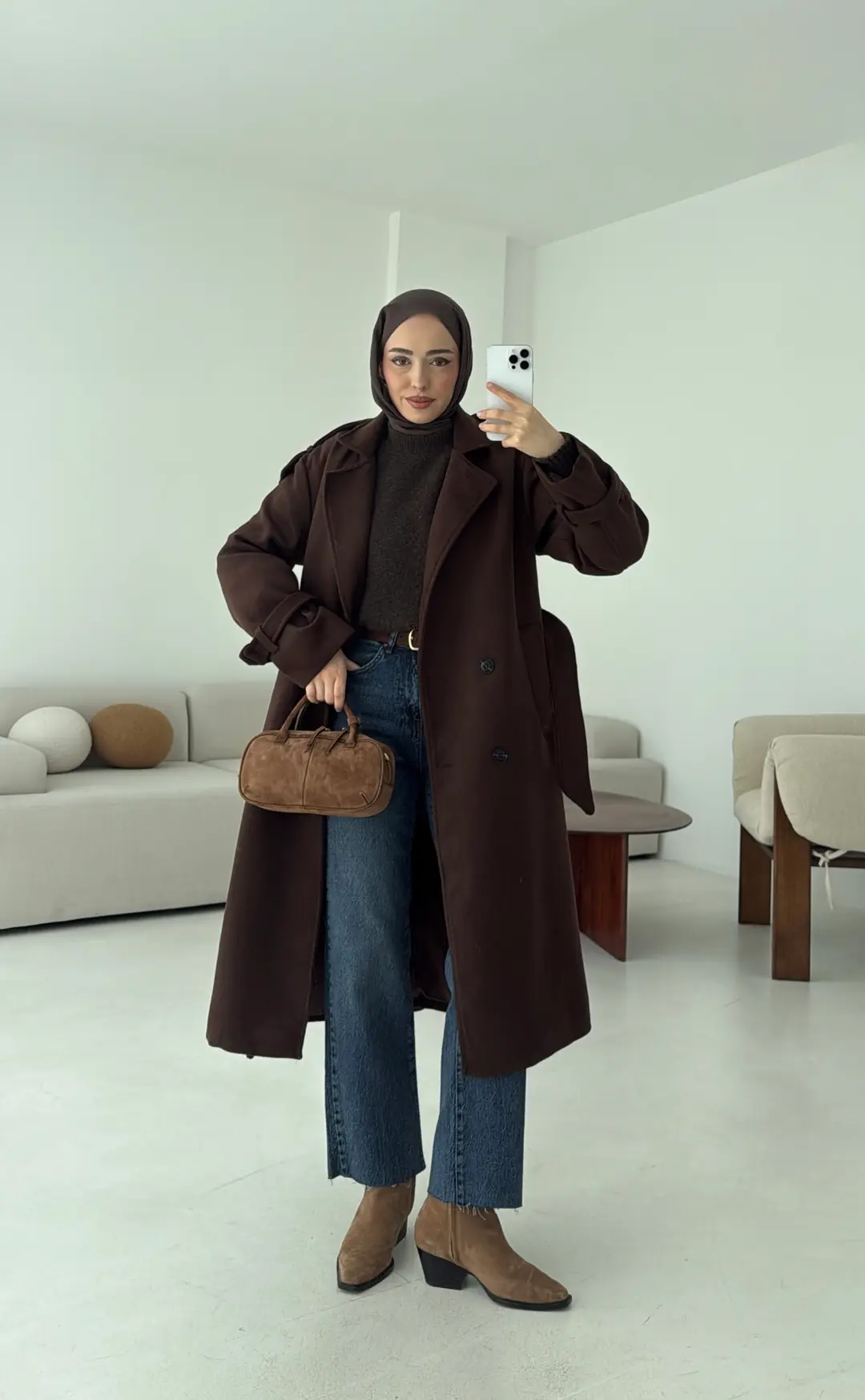 Premium Uzun Kaşe Kaban Kahve - Görsel 7