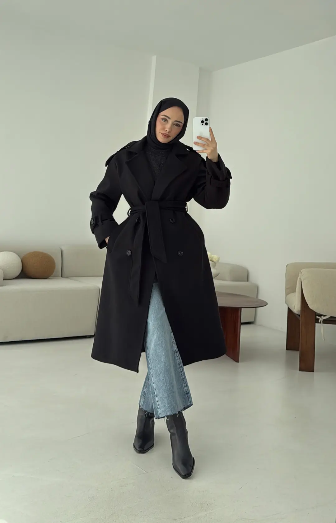 Premium Uzun Kaşe Kaban Siyah - Görsel 2