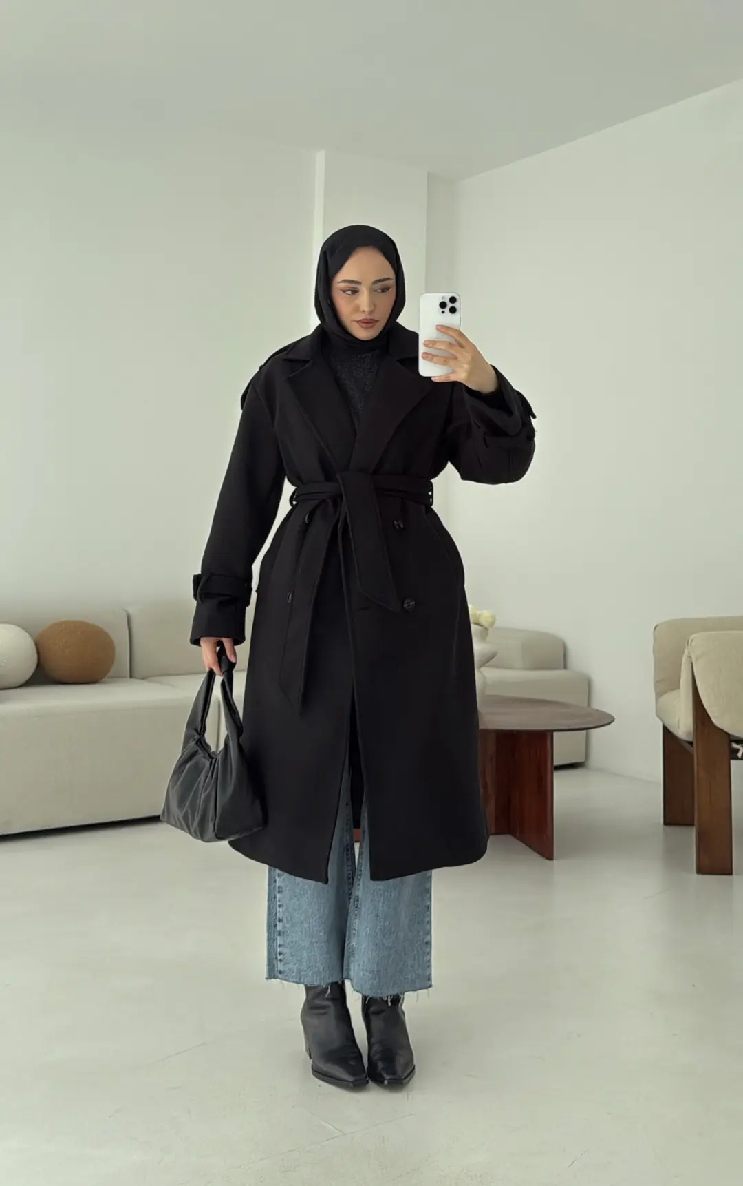 Premium Uzun Kaşe Kaban Siyah - Görsel 6