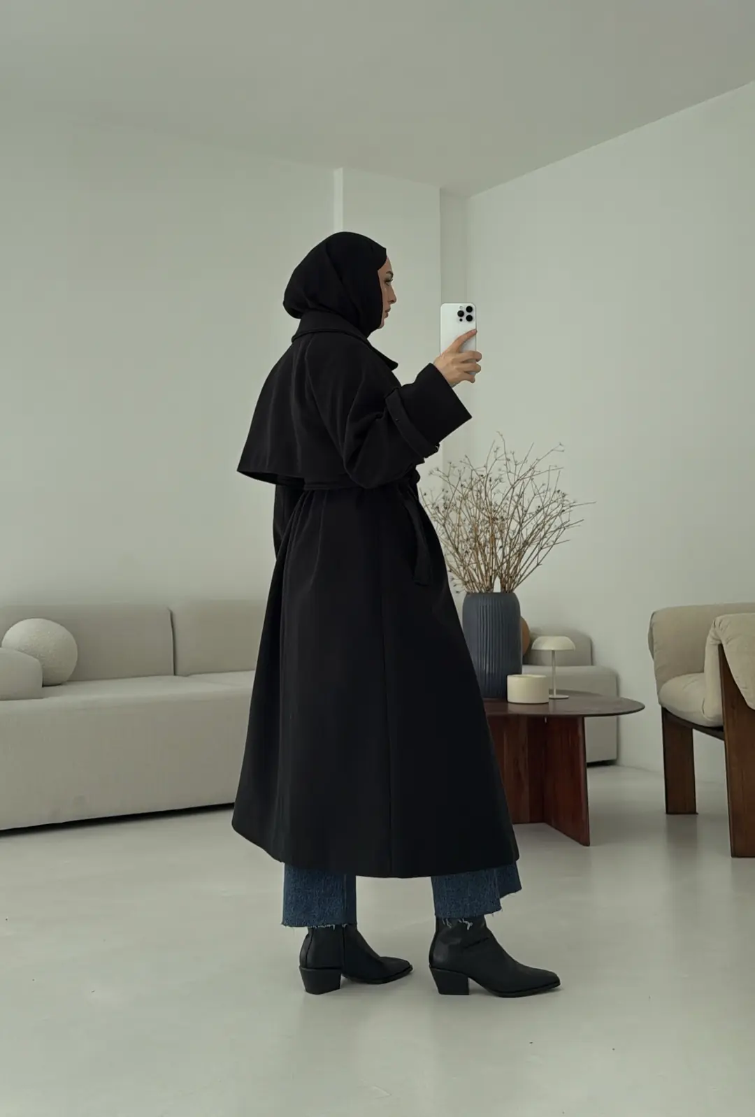 Rüzgarlıklı Uzun Kaşe Kaban Siyah - Görsel 3