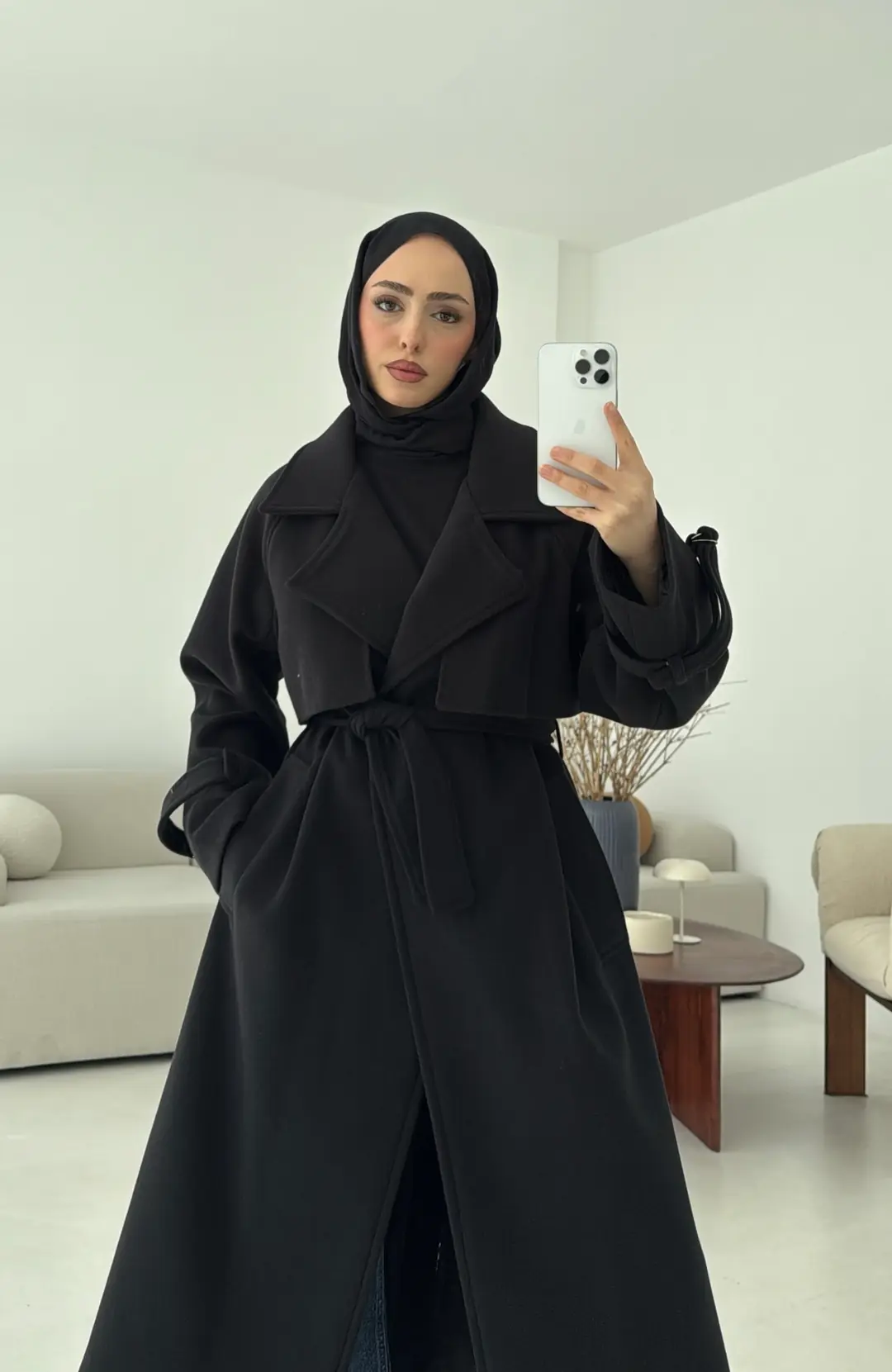 Rüzgarlıklı Uzun Kaşe Kaban Siyah - Görsel 4