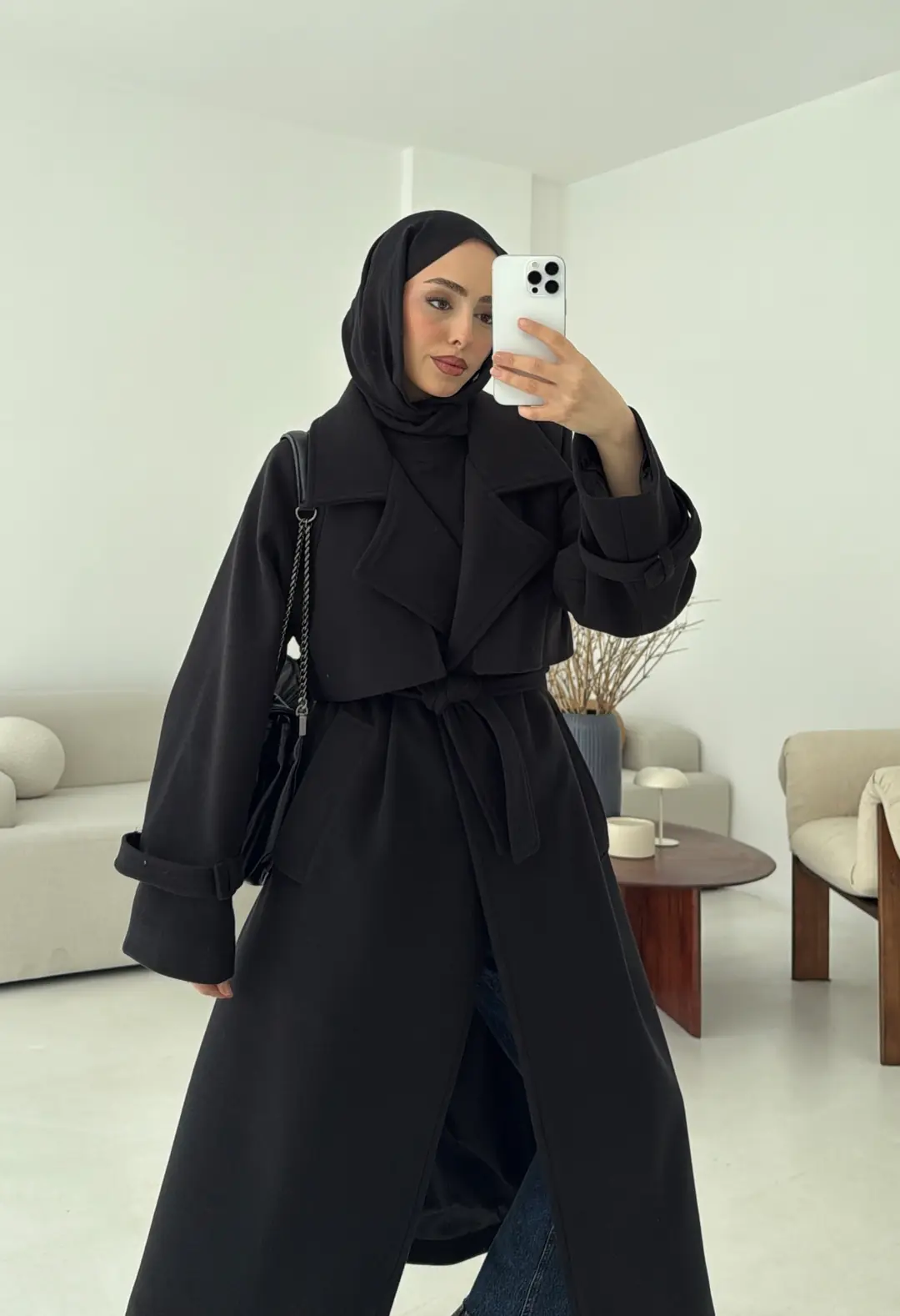 Rüzgarlıklı Uzun Kaşe Kaban Siyah - Görsel 6