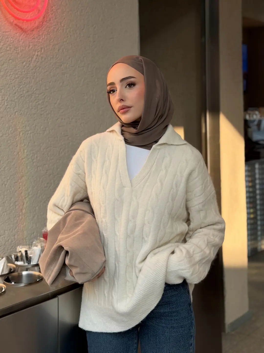 Saç Örgü Polo Yaka Kazak Krem - Görsel 3