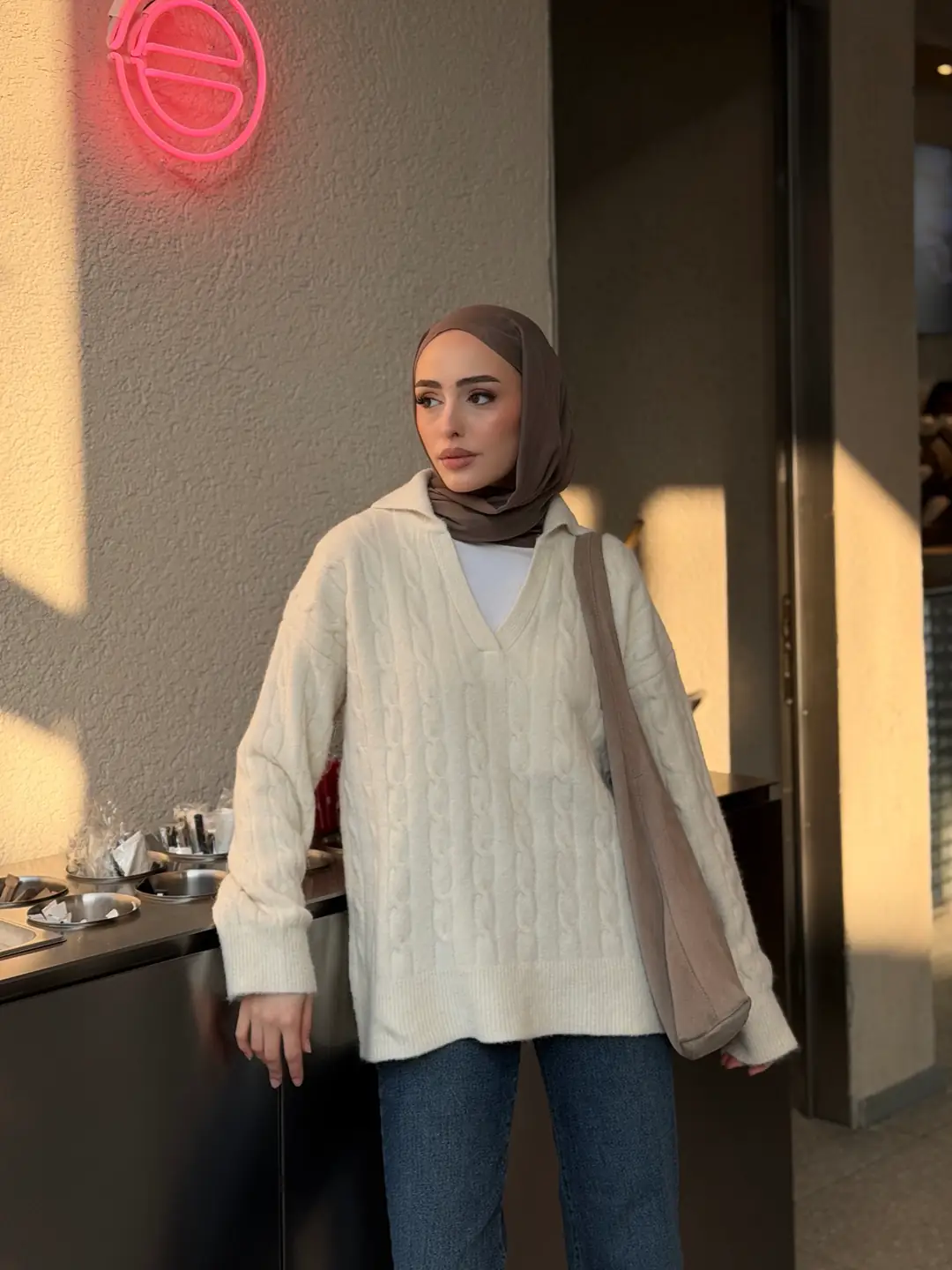 Saç Örgü Polo Yaka Kazak Krem - Görsel 6