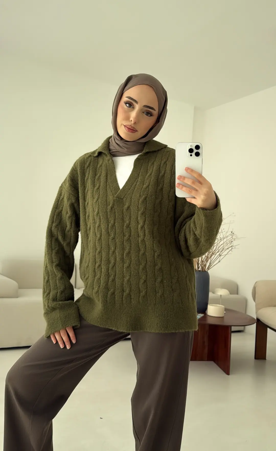 Saç Örgü Polo Yaka Kazak Olive - Görsel 10