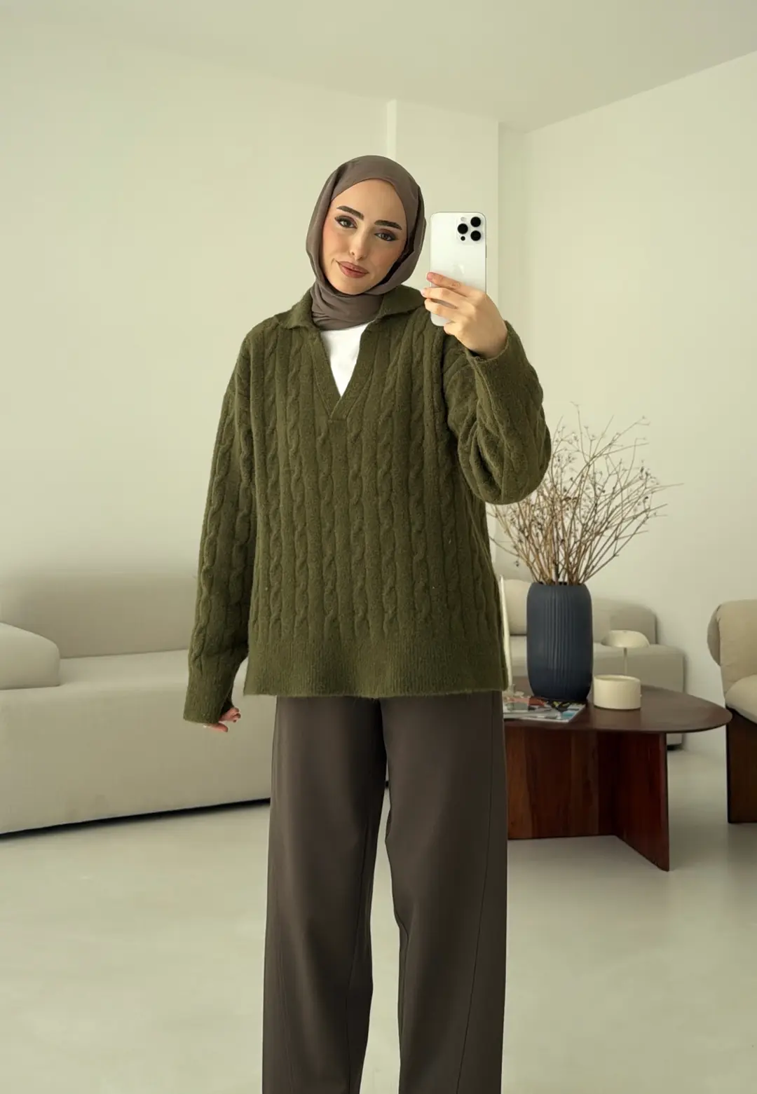 Saç Örgü Polo Yaka Kazak Olive - Görsel 4