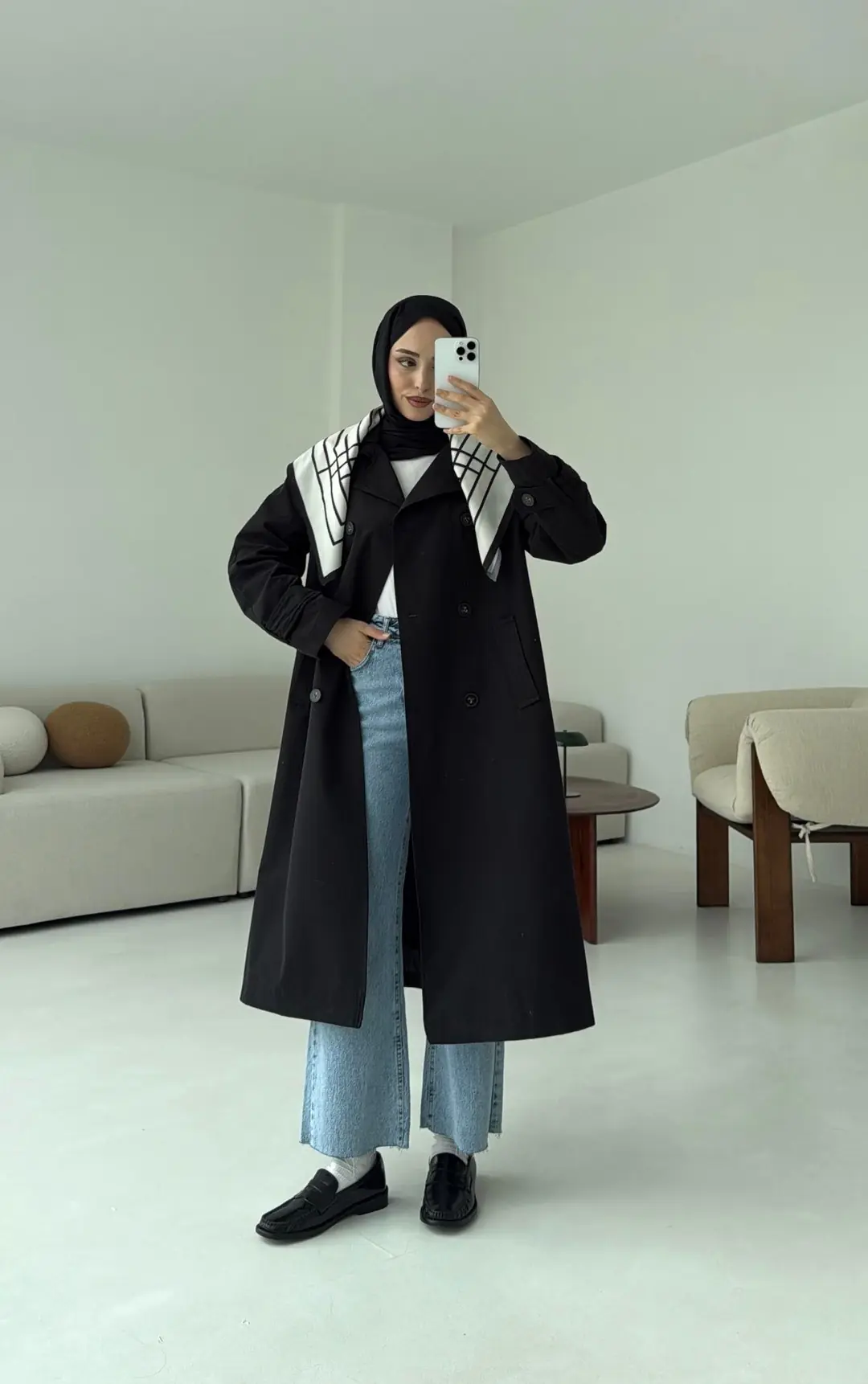 Şal Detay Trençkot Siyah