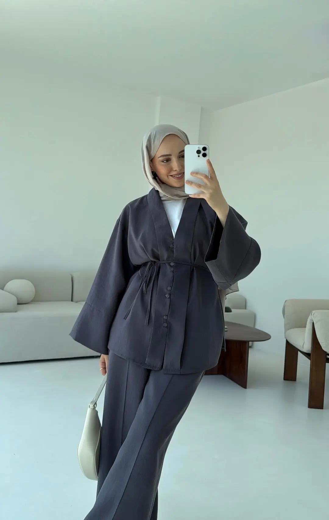 Şal Yaka Düğmeli Takım Antrasit - Görsel 8