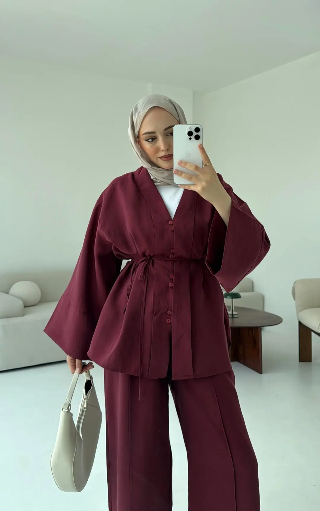 Şal Yaka Düğmeli Takım Bordo - Görsel 4