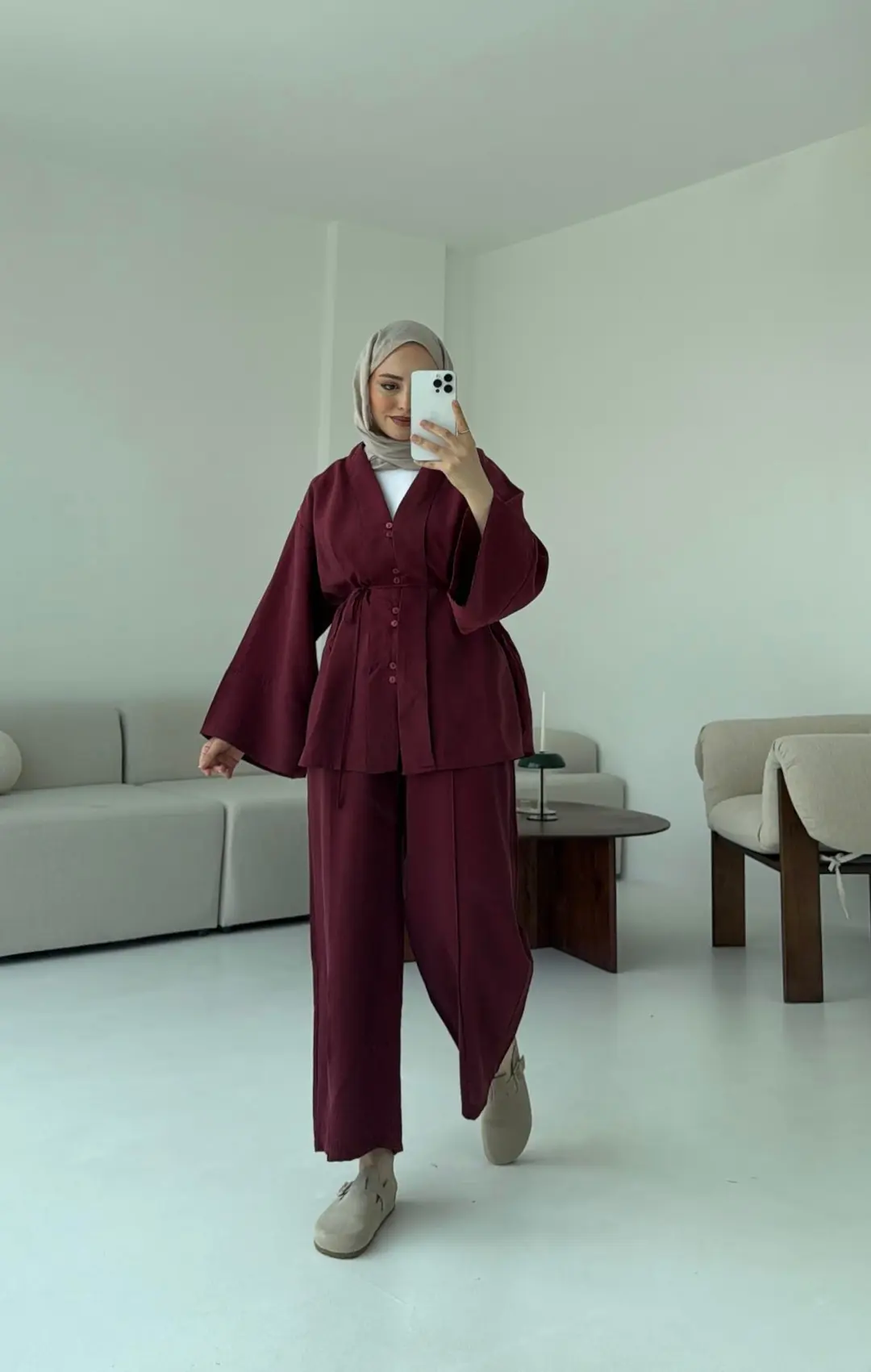 Şal Yaka Düğmeli Takım Bordo - Görsel 6